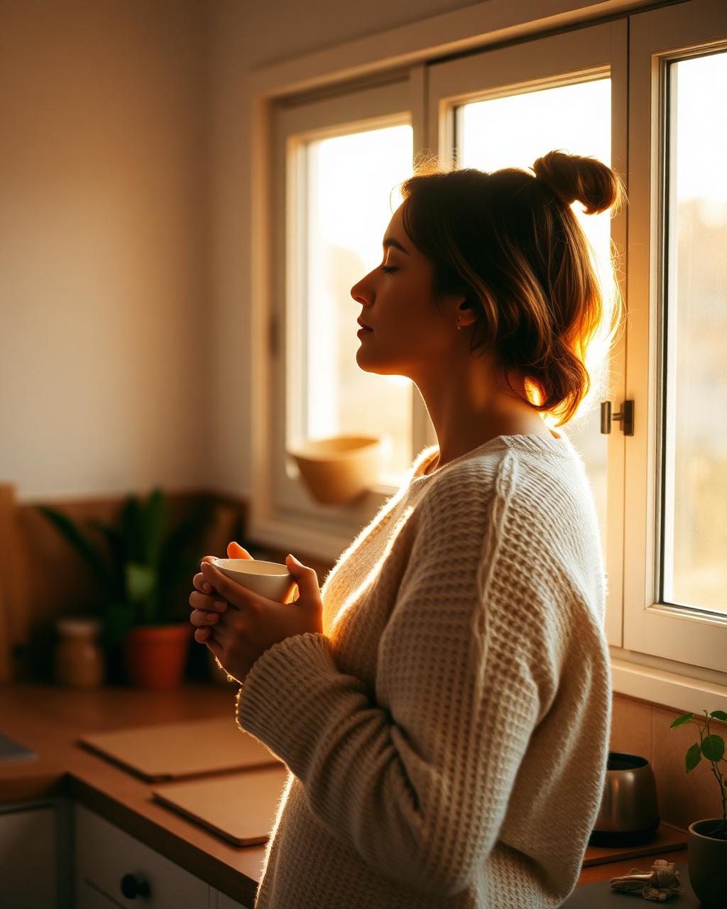 Mujer disfrutando un momento de calma junto a la ventana con una taza entre las manos